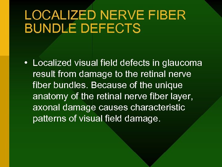 LOCALIZED NERVE FIBER BUNDLE DEFECTS • Localized visual field defects in glaucoma result from