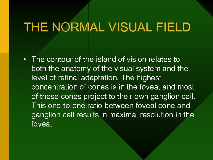 THE NORMAL VISUAL FIELD • The contour of the island of vision relates to