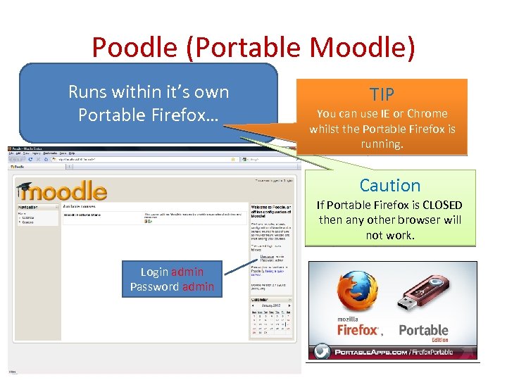 Poodle (Portable Moodle) Runs within it’s own Portable Firefox… TIP You can use IE