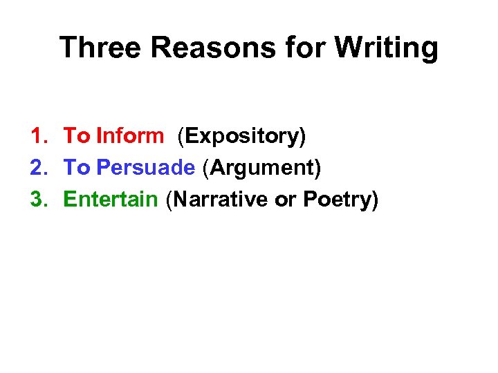 Three Reasons for Writing 1. To Inform (Expository) 2. To Persuade (Argument) 3. Entertain