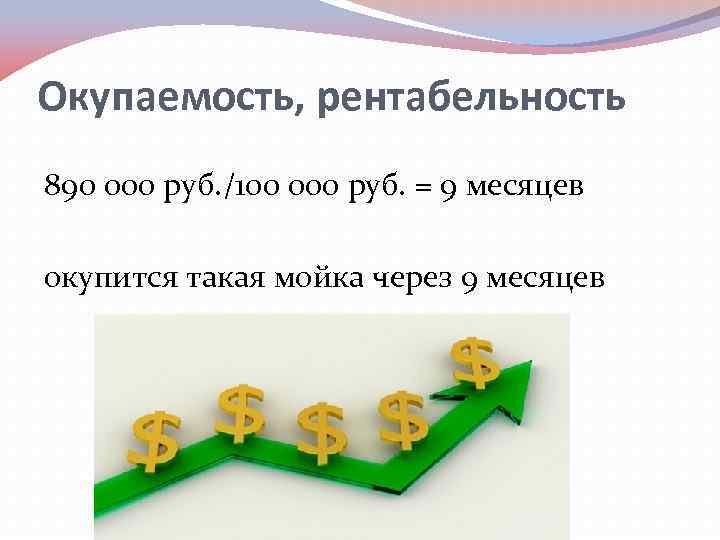 Окупаемость, рентабельность 890 000 руб. /100 000 руб. = 9 месяцев окупится такая мойка