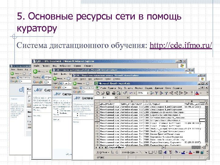 5. Основные ресурсы сети в помощь куратору Система дистанционного обучения: http: //cde. ifmo. ru/