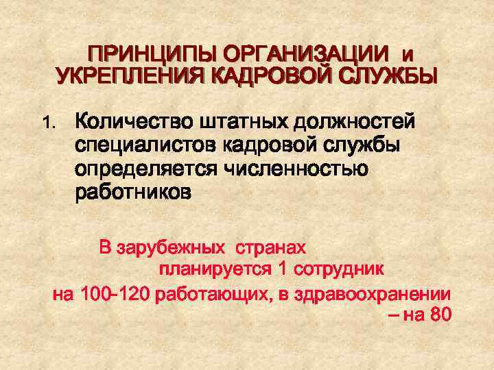 ПРИНЦИПЫ ОРГАНИЗАЦИИ и УКРЕПЛЕНИЯ КАДРОВОЙ СЛУЖБЫ 1. Количество штатных должностей специалистов кадровой службы определяется