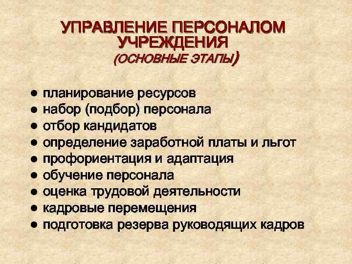 УПРАВЛЕНИЕ ПЕРСОНАЛОМ УЧРЕЖДЕНИЯ (ОСНОВНЫЕ ЭТАПЫ) l l l l l планирование ресурсов набор (подбор)