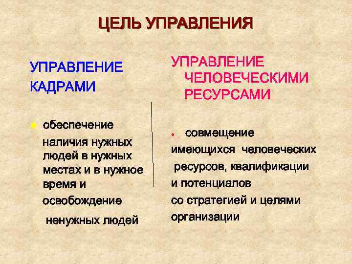 ЦЕЛЬ УПРАВЛЕНИЯ УПРАВЛЕНИЕ КАДРАМИ l обеспечение наличия нужных людей в нужных местах и в