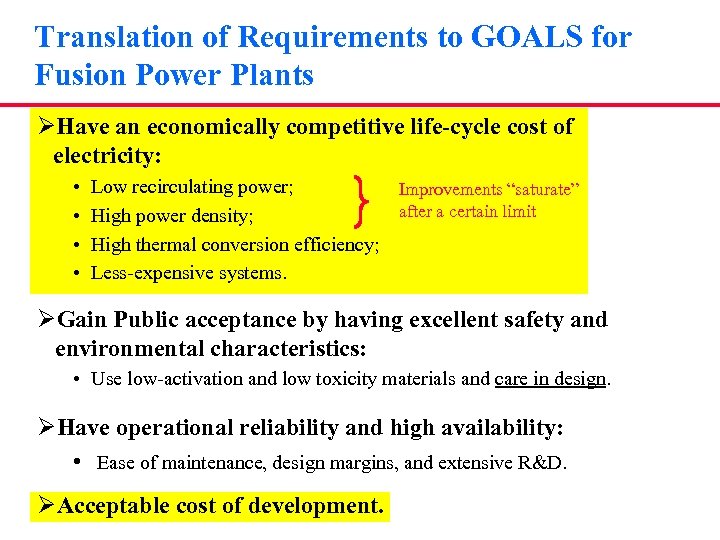 Translation of Requirements to GOALS for Fusion Power Plants ØHave an economically competitive life-cycle