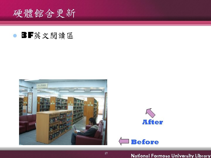 硬體館舍更新 l 3 F英文閱讀區 After Before 17 National Formosa University Library 