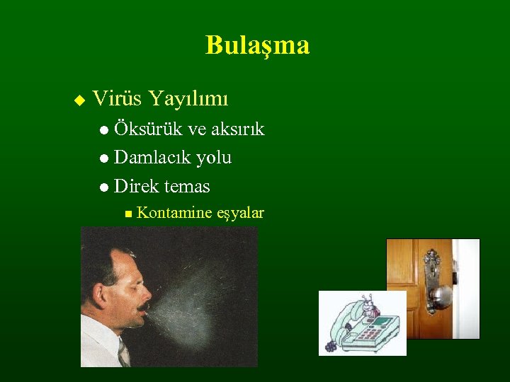Bulaşma Virüs Yayılımı Öksürük ve aksırık Damlacık yolu Direk temas Kontamine eşyalar 