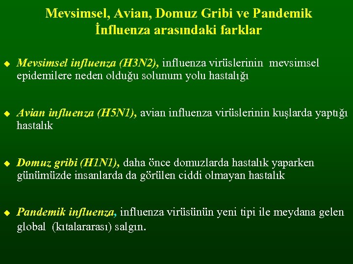 Mevsimsel, Avian, Domuz Gribi ve Pandemik İnfluenza arasındaki farklar Mevsimsel influenza (H 3 N