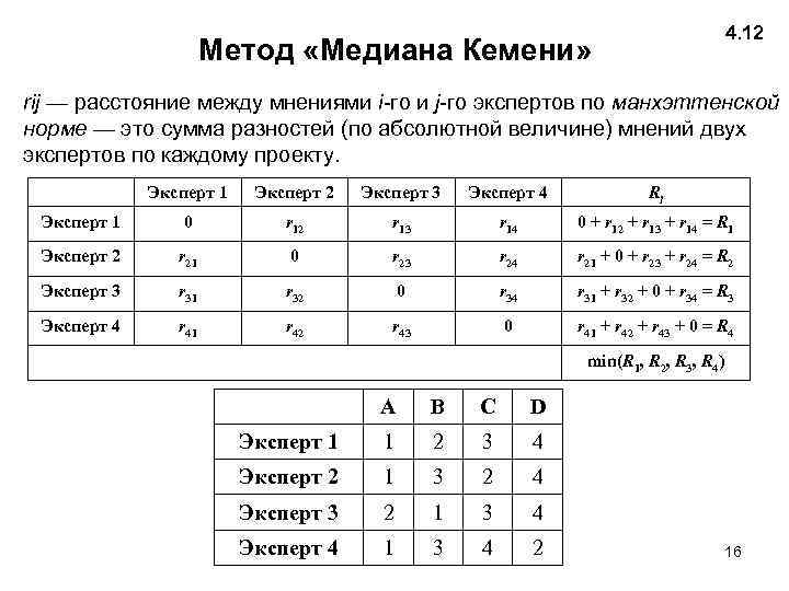 4. 12 Метод «Медиана Кемени» rij — расстояние между мнениями i-го и j-го экспертов