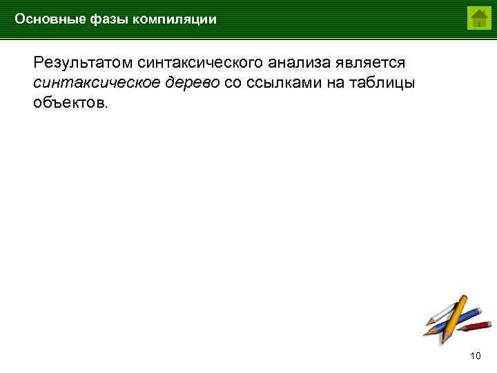 Основные фазы компиляции Результатом синтаксического анализа является синтаксическое дерево со ссылками на таблицы объектов.