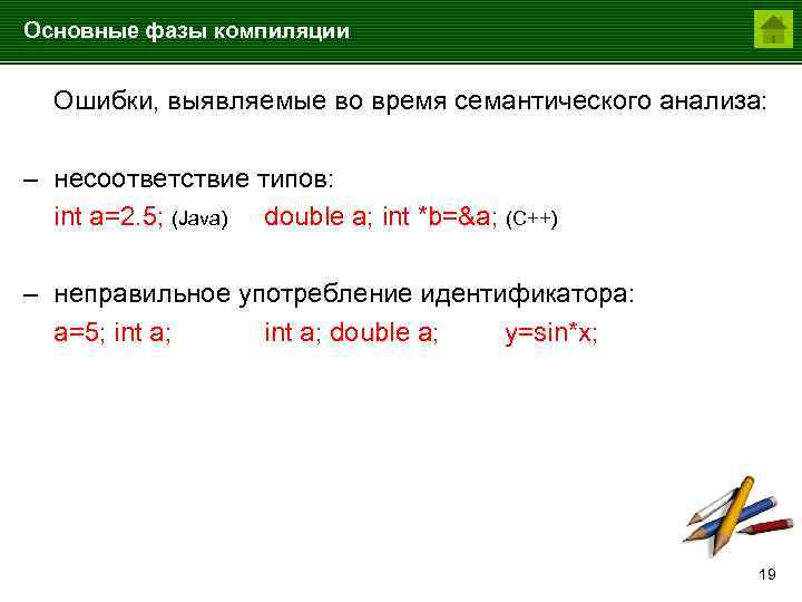 Основные фазы компиляции Ошибки, выявляемые во время семантического анализа: – несоответствие типов: int a=2.