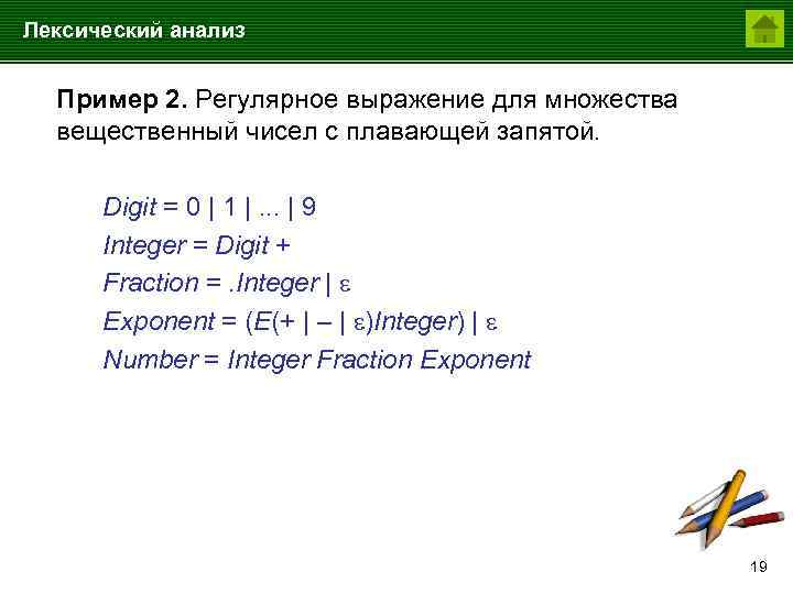 Лексический анализ Пример 2. Регулярное выражение для множества вещественный чисел с плавающей запятой. Digit