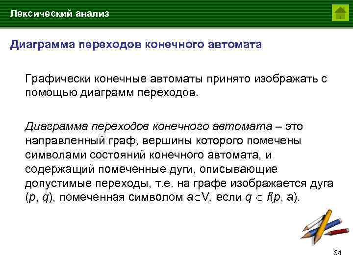 Лексический анализ Диаграмма переходов конечного автомата Графически конечные автоматы принято изображать с помощью диаграмм