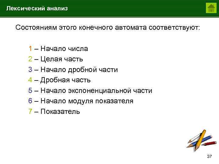 Лексический анализ Состояниям этого конечного автомата соответствуют: 1 – Начало числа 2 – Целая