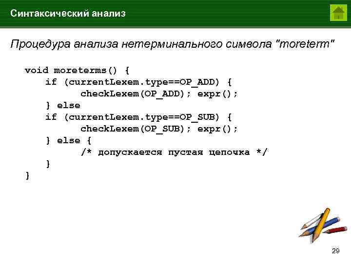 Синтаксический анализ Процедура анализа нетерминального символа "moreterm" void moreterms() { if (current. Lexem. type==OP_ADD)