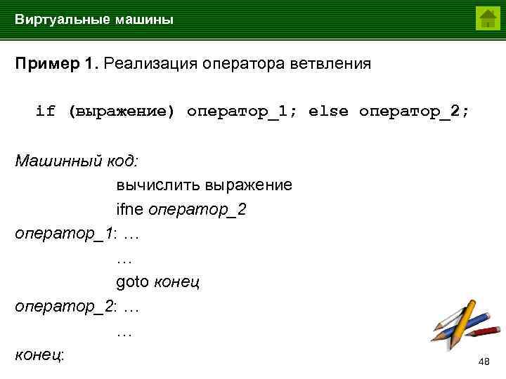 Виртуальные машины Пример 1. Реализация оператора ветвления if (выражение) оператор_1; else оператор_2; Машинный код: