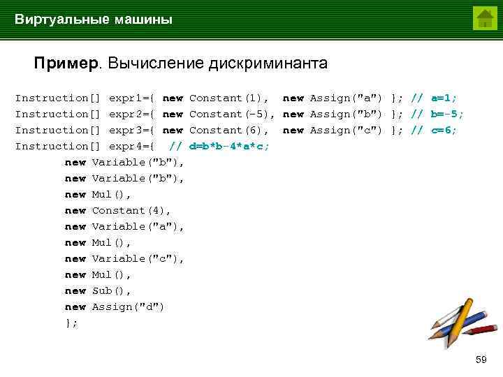 Виртуальные машины Пример. Вычисление дискриминанта Instruction[] expr 1={ new Instruction[] expr 2={ new Instruction[]