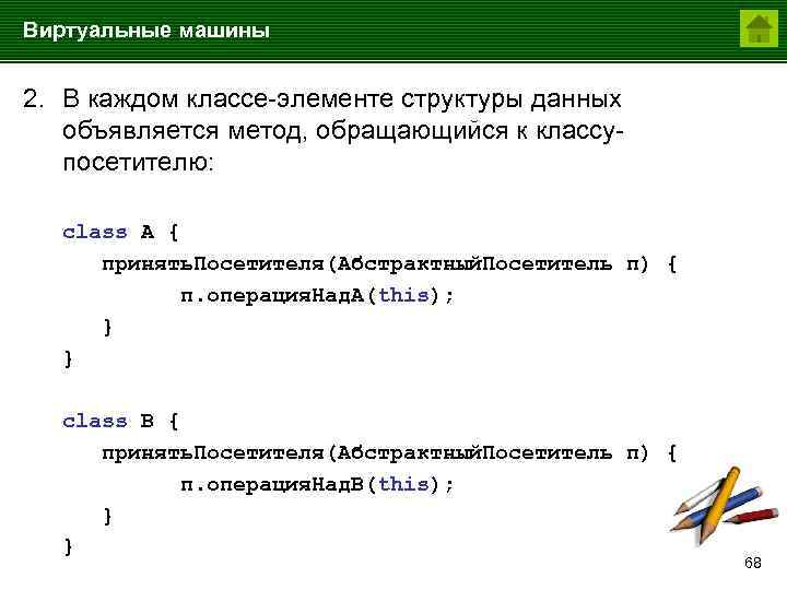 Виртуальные машины 2. В каждом классе-элементе структуры данных объявляется метод, обращающийся к классупосетителю: class