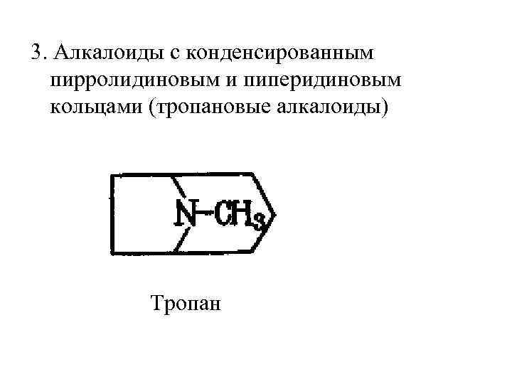 3. Алкалоиды с конденсированным пирролидиновым и пиперидиновым кольцами (тропановые алкалоиды) Тропан 