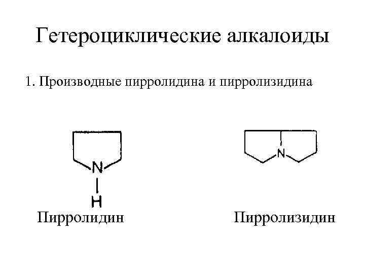 Гетероциклические алкалоиды 1. Производные пирролидина и пирролизидина Пирролидин Пирролизидин 