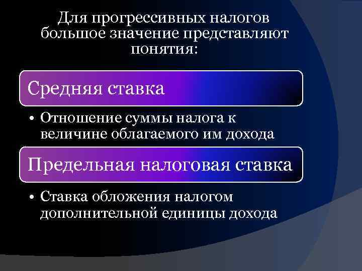 Для прогрессивных налогов большое значение представляют понятия: Средняя ставка • Отношение суммы налога к