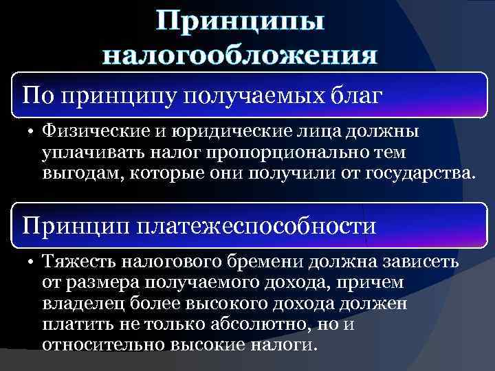 Принципы налогообложения По принципу получаемых благ • Физические и юридические лица должны уплачивать налог
