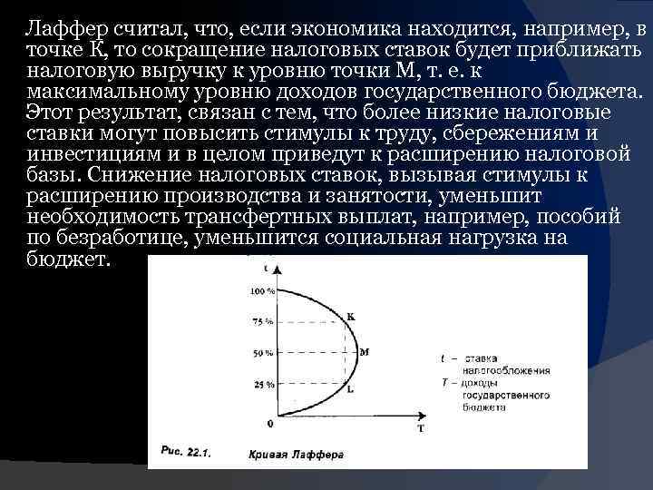 Лаффер считал, что, если экономика находится, например, в точке К, то сокращение налоговых ставок