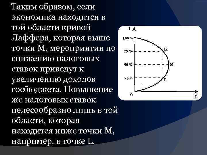 Таким образом, если экономика находится в той области кривой Лаффера, которая выше точки М,