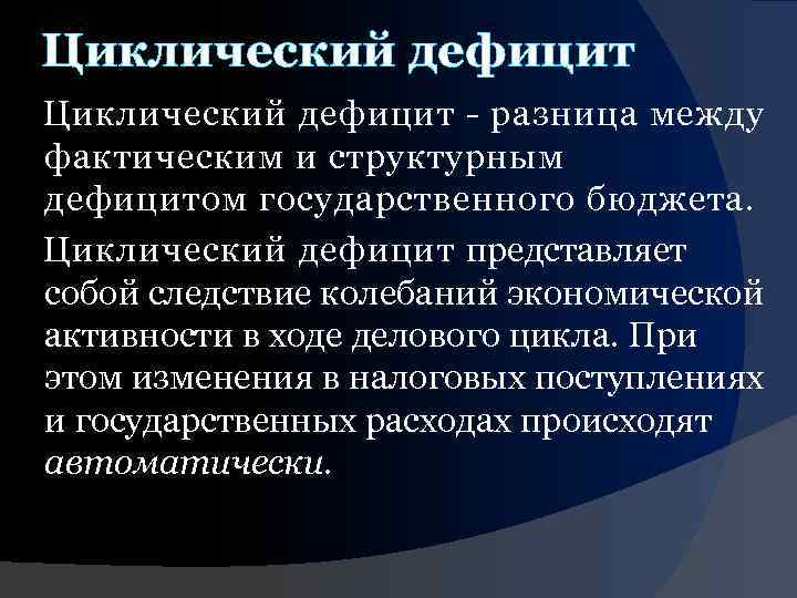 Циклический дефицит - разница между фактическим и структурным дефицитом государственного бюджета. Циклический дефицит представляет