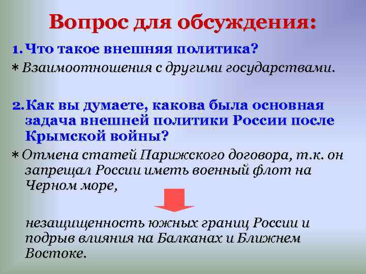 Вопрос для обсуждения: 1. Что такое внешняя политика? * Взаимоотношения с другими государствами. 2.