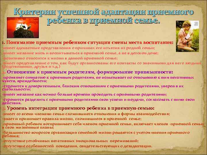 Критерии успешной адаптации приемного ребенка в приемной семье. 1. Понимание приемным ребенком ситуации смены