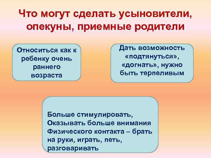Что могут сделать усыновители, опекуны, приемные родители Относиться как к ребенку очень раннего возраста