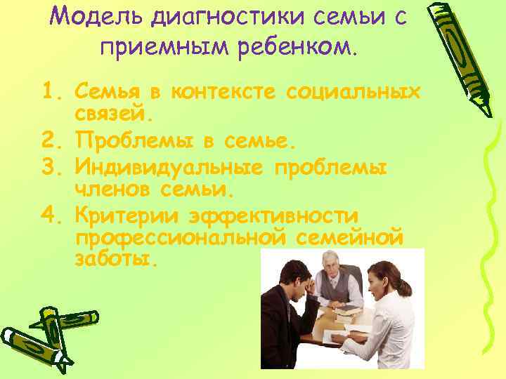 Модель диагностики семьи с приемным ребенком. 1. Семья в контексте социальных связей. 2. Проблемы