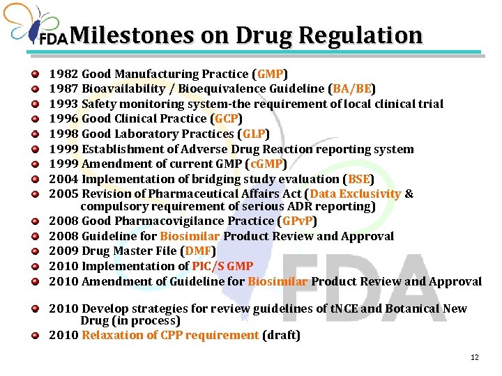 Milestones on Drug Regulation 1982 Good Manufacturing Practice (GMP) 1987 Bioavailability / Bioequivalence Guideline