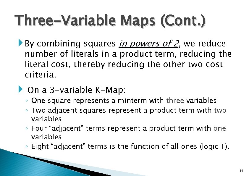Three-Variable Maps (Cont. ) By combining squares in powers of 2, we reduce number
