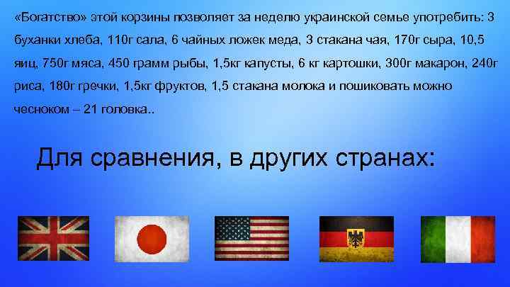  «Богатство» этой корзины позволяет за неделю украинской семье употребить: 3 буханки хлеба, 110