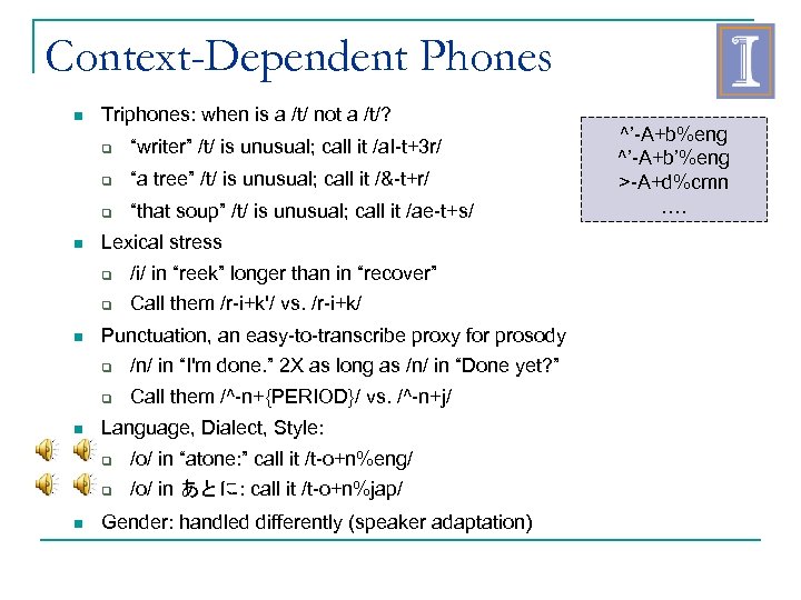 Context-Dependent Phones Triphones: when is a /t/ not a /t/? “a tree” /t/ is