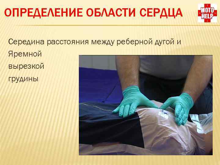 ОПРЕДЕЛЕНИЕ ОБЛАСТИ СЕРДЦА Середина расстояния между реберной дугой и Яремной вырезкой грудины 