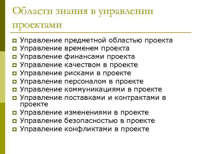 Области знания в управлении проектами p p p Управление Управление проекте Управление предметной областью
