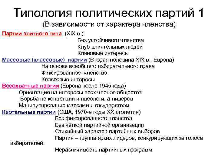 Типология политических партий 1 (В зависимости от характера членства) Партии элитного типа (XIX в.