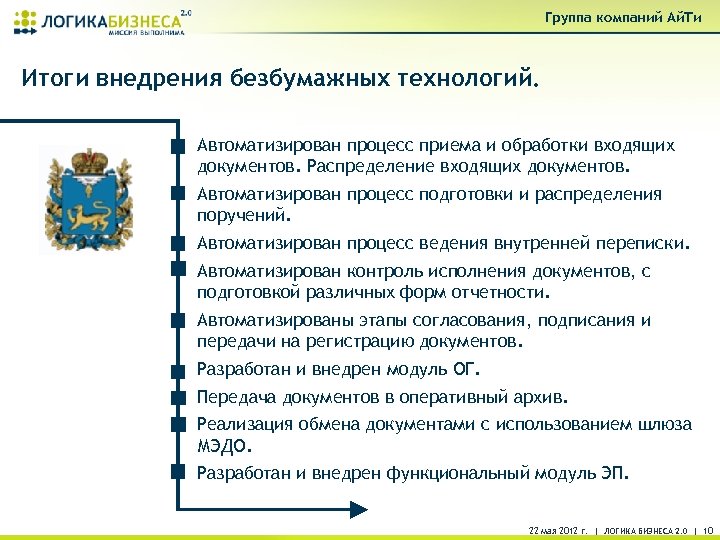 Группа компаний Ай. Ти Итоги внедрения безбумажных технологий. Автоматизирован процесс приема и обработки входящих