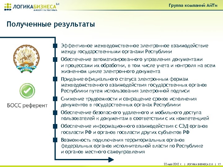 Группа компаний Ай. Ти Полученные результаты Эффективное межведомственное электронное взаимодействие между государственными органами Республики