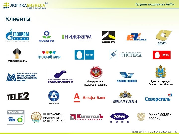 Группа компаний Ай. Ти Клиенты Федеральная налоговая служба Администрация Псковской области МИНКОМСВЯЗЬ РЕСПУБЛИКИ БАШКОРТОСТАН