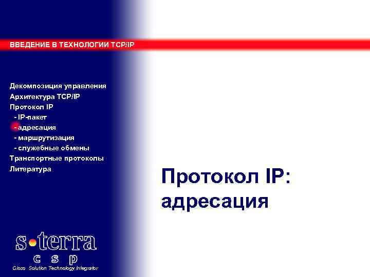 ВВЕДЕНИЕ В ТЕХНОЛОГИИ TCP/IP Декомпозиция управления Архитектура TCP/IP Протокол IP - IP-пакет - адресация