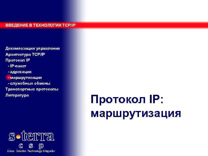 ВВЕДЕНИЕ В ТЕХНОЛОГИИ TCP/IP Декомпозиция управления Архитектура TCP/IP Протокол IP - IP-пакет - адресация