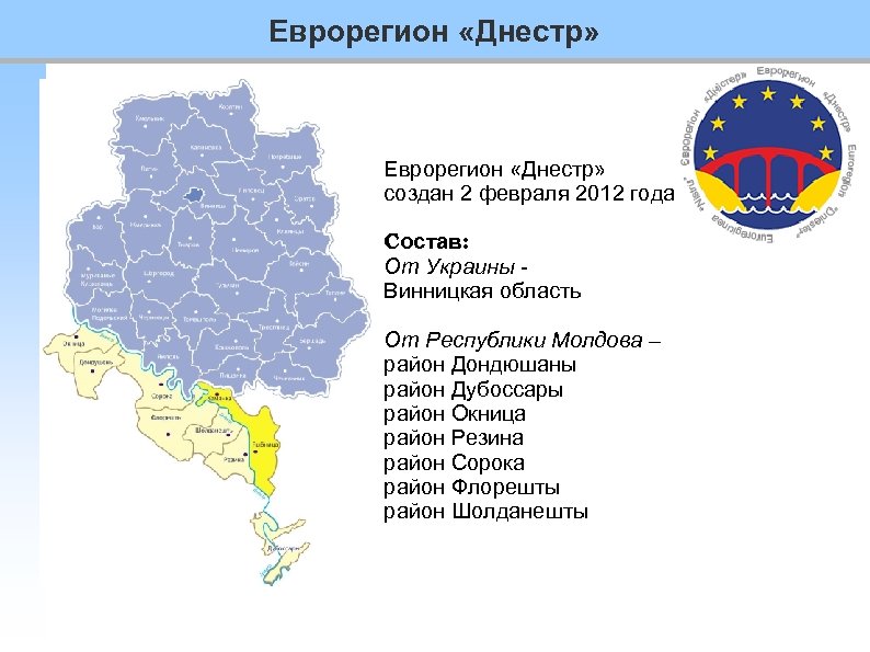 Еврорегион «Днестр» создан 2 февраля 2012 года Состав: От Украины Винницкая область От Республики