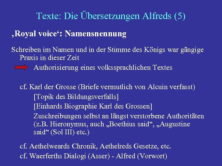 Texte: Die Übersetzungen Alfreds (5) ‚Royal voice‘: Namensnennung Schreiben im Namen und in der