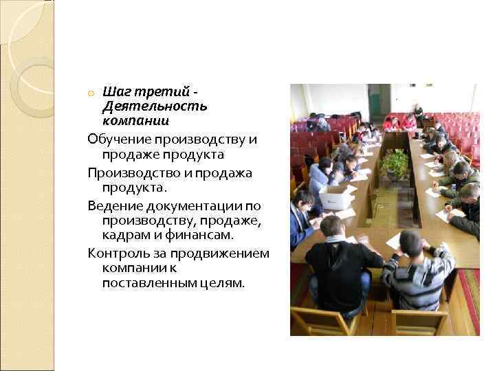 Шаг третий Деятельность компании Обучение производству и продаже продукта Производство и продажа продукта. Ведение