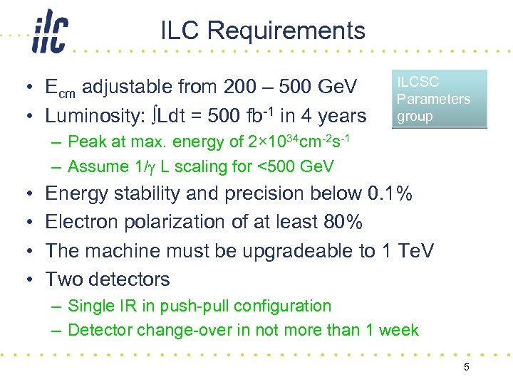 ILC Requirements • Ecm adjustable from 200 – 500 Ge. V • Luminosity: ∫Ldt